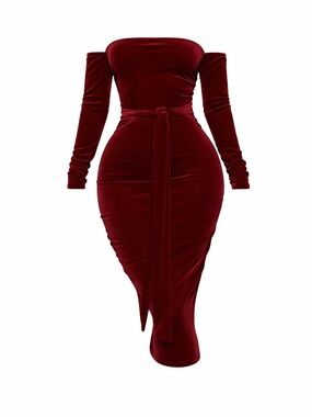 Off-Shoulder Burgundy Velvet Wrap Midi Dress